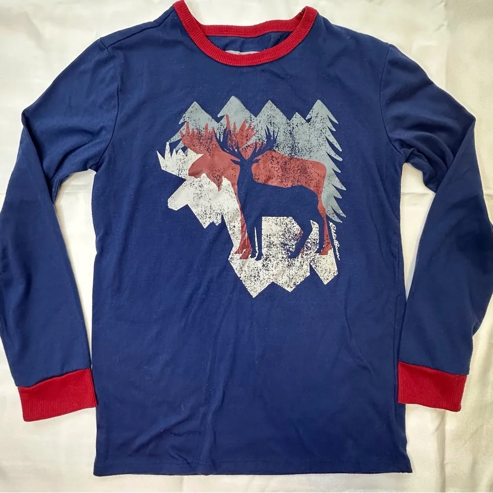 Eddie Bauer blue red fleece pajama set boys‎ M 10-12 moose winter trees
